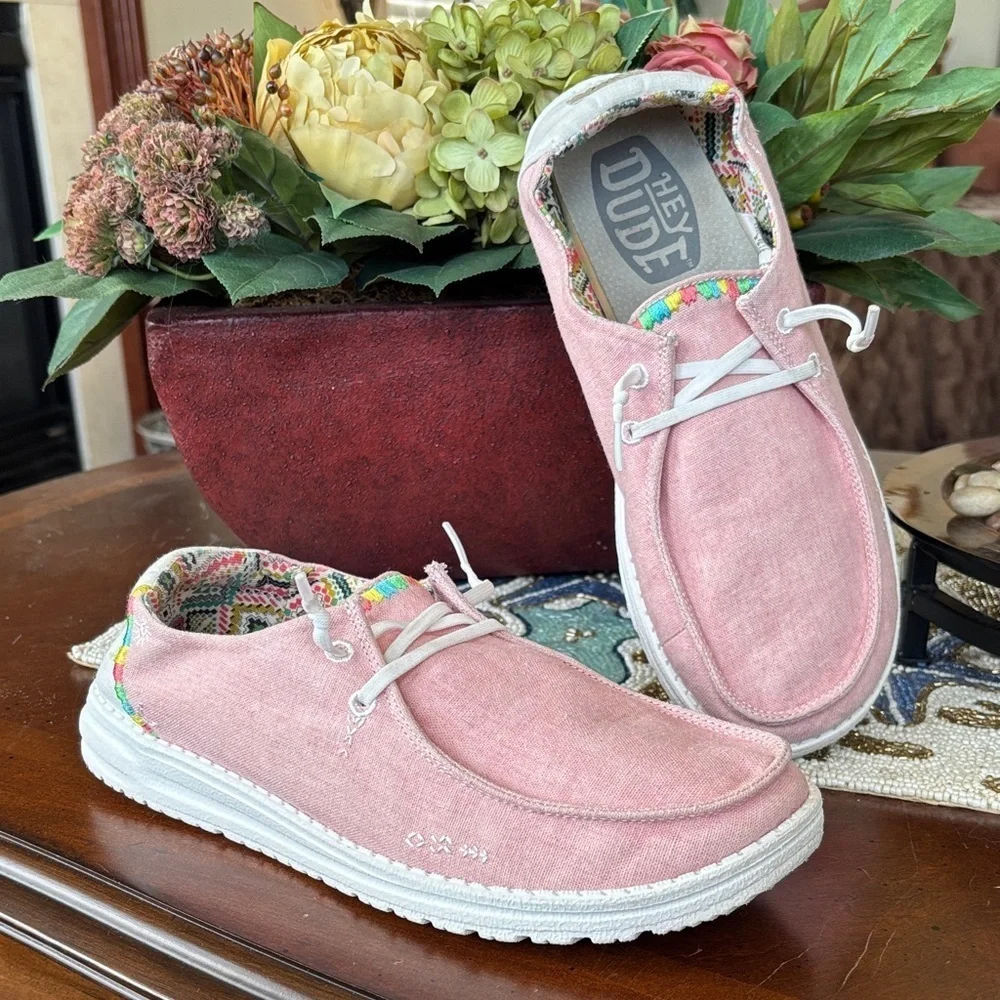 Hey Dude Wendy Boho Rose Pink Lightweight Slip-On Canvas Sneakers Colorful Trim